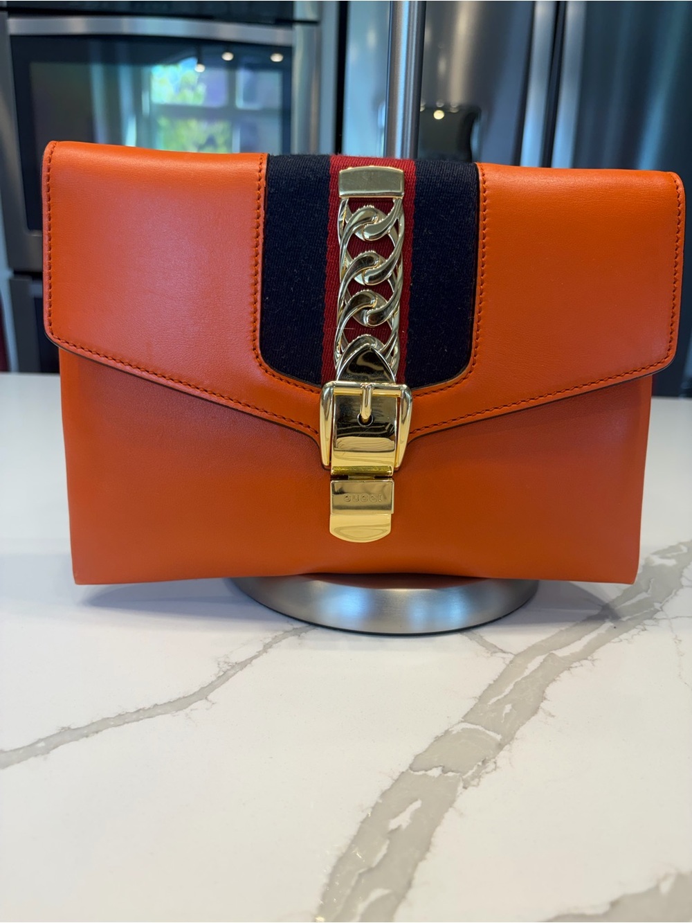 Gucci Sylvie Envelope Leather Clutch with Web - Chain-Detail